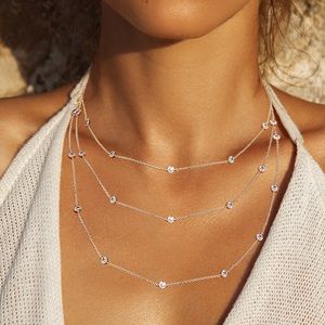 White Gold Dipped Brass Metal Round CZ Diamond Station Necklace 54”